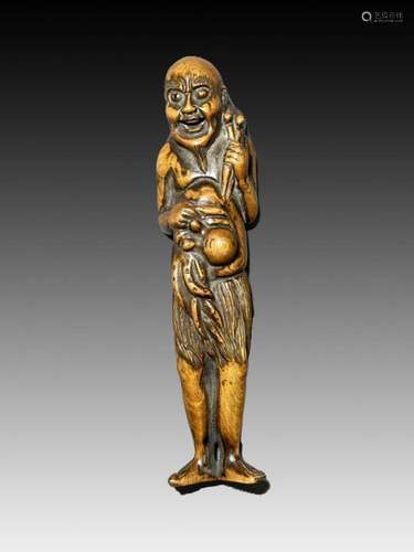 JAPANESE BOXWOOD NETSUKE DEPICITING STANDING BAKEMONO, 19TH ...