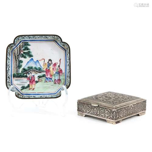 AN ENAMEL TRAY AND SILVER BOX