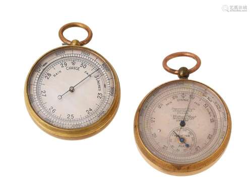 TWO GILT BRASS ANEROID POCKET BAROMETERS WITH ALTIMETERS
