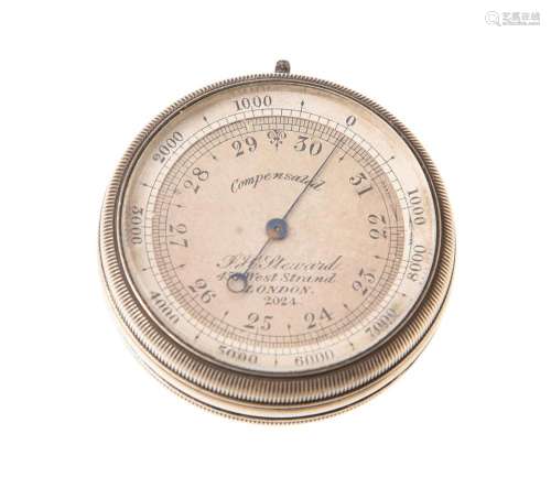 A SMALL SILVER CASED ANEROID POCKET BAROMETER WITH ALTIMETER