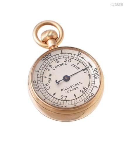 A RARE MINIATURE GOLD ANEROID POCKET BAROMETER WITH ALTIMETE...