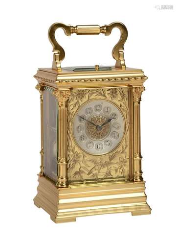 A FRENCH GILT BRASS CASED CARRIAGE CLOCK WITH PUSH-BUTTON RE...