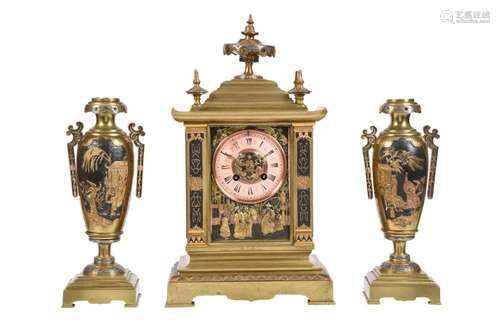 A FRENCH GILT BRASS MANTEL CLOCK GARNITURE IN THE CHINESE TA...