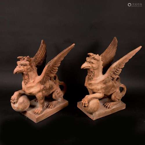 Pair of terracotta griffins