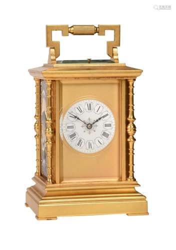 A FINE FRENCH GILT BRASS REPEATING CARRIAGE CLOCK INSET WITH...