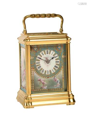 A GILT BRASS GORGE CASED REPEATING CARRIAGE CLOCK WITH FINE ...