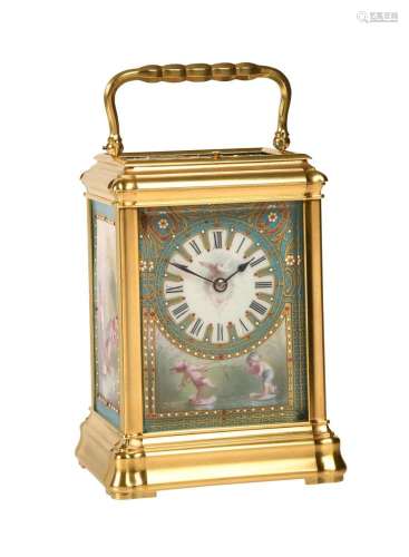 A GILT BRASS GORGE CASED REPEATING CARRIAGE CLOCK WITH FINE ...
