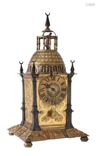 A FINE GERMAN RENAISSANCE GILT COPPER, STEEL AND BRASS ALARM...