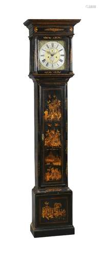 A GEORGE II BLACK JAPANNED EIGHT-DAY LONGCASE CLOCK