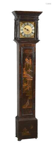 A FINE AND RARE QUEEN ANNE JAPANNED THIRTY-HOUR LONGCASE CLO...