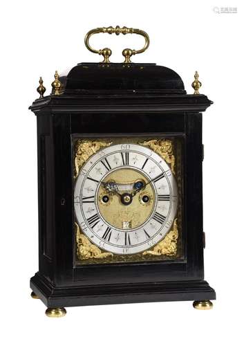 Y A FINE WILLIAM III EBONY TABLE CLOCK WITH PULL-QUARTER REP...