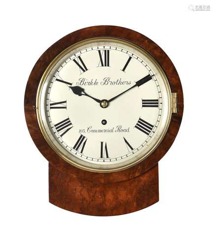 A VICTORIAN FIGURED WALNUT SMALL DROP-DIAL WALL TIMEPIECE WI...