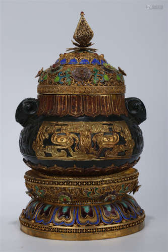 A Jasper Lidded Jar with Pedestal.