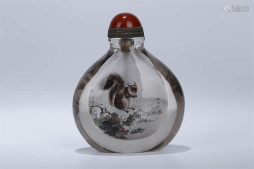 A Glass Snuff Bottle with Squirrel Painting.