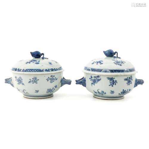 A Pair of Blue and White Tureens