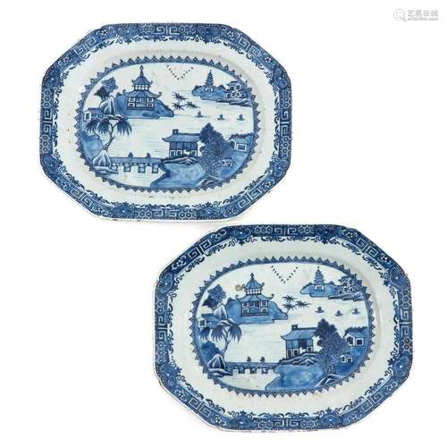 A lot of 2 Blue and White Serving Trays