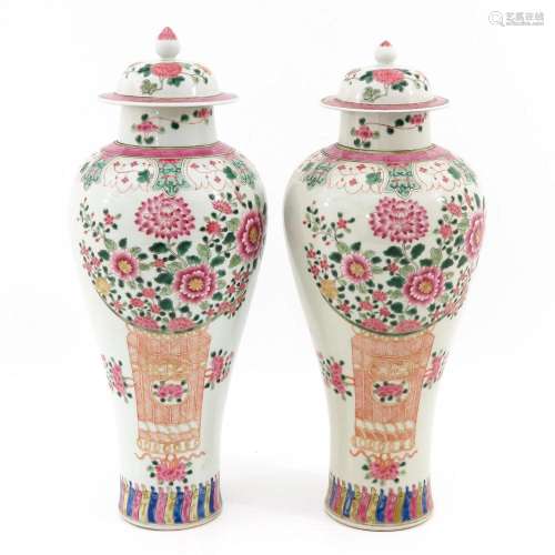 A Pair of Famille Rose Decor Vases with Covers