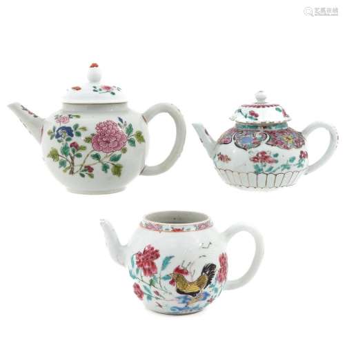 A Collection of 3 Famille Rose Teapots