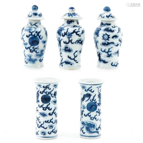 A Collection of 5 Miniature Garniture Vases