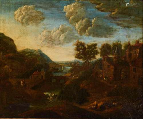 BAROCKER MALER: LANDSCHAFT MIT STADT UND STAFFAGE