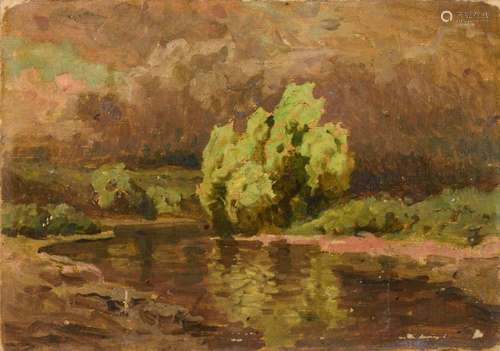 IMPRESSIONISTISCHE ÖLSTUDIE FLUSSLAUF UNTER WOLKIGEM HIMMEL