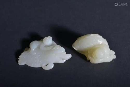 TWO OF CARVED WHITE 'FISH AND BOY' PENDANT.QING PERI...