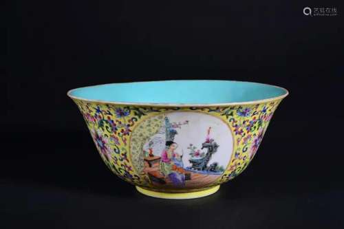 A YELLOW-GROUND FAMILLE-ROSE BOWL.MARK OF JIAQING