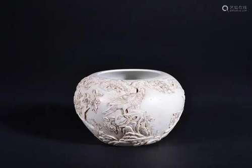 A CARVED WHITE-GLAZED WATERPOT.MARK OF WANG BING RONG