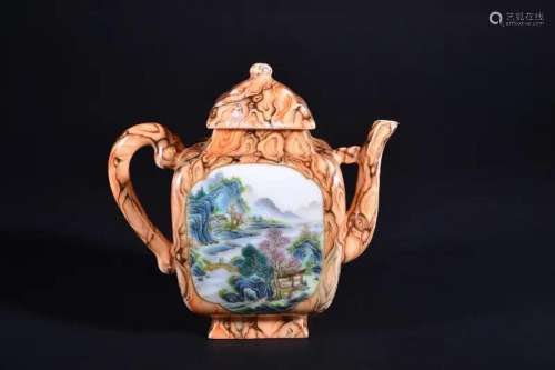 A WOOD-GLAZED AND FAMILLE-ROSE TEAPOT AND COVER.MARK OF