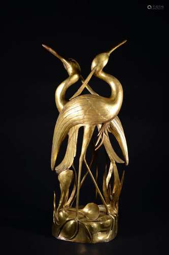 A GILT-BRONZE FIGURE OF CRANE GROUP.QING PERIOD