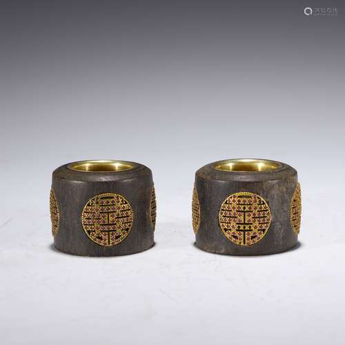 Pair of Hard Stone Inlaid Eaglewood Thumb Rings