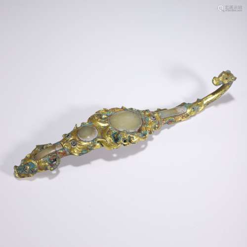 Jade Inlaid and Gilt Bronze Belt Hook