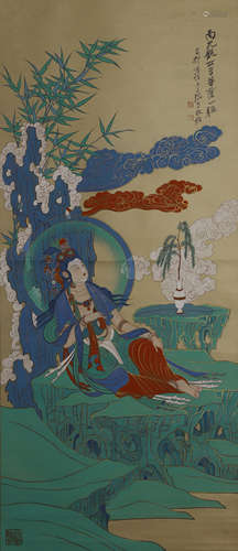 Chinese Avalokitesvara Painting Scroll, Zhang Daqian Mark