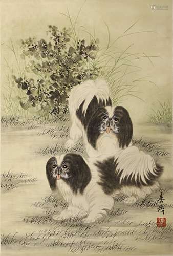 Chinese Dogs Painting Scroll, Mi Chunmao Mark