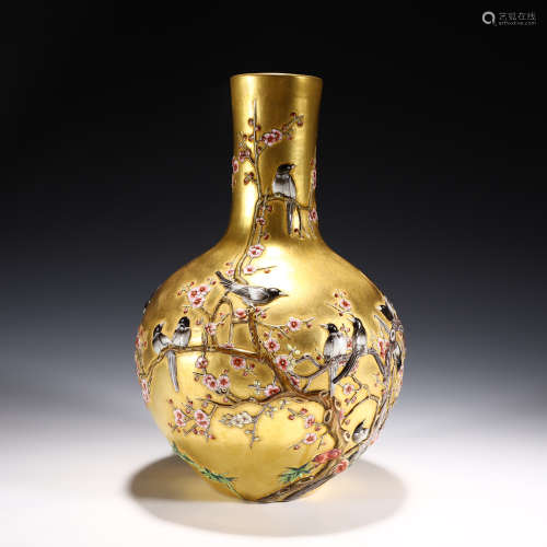 Gold-Ground Carved Porcelain Magpie and Prunus Bottle Vase