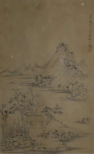 Chinese Landscape Paper Painting Scroll, Ni Zan Mark