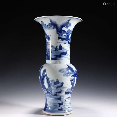Blue and White Figure and Landscape Gu Vase