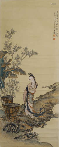 Chinese Figure Painting Paper Scroll, Xu Cao Mark