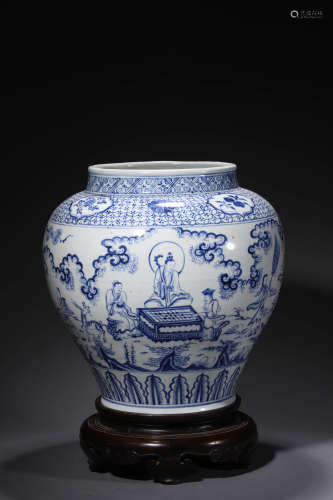 Blue and White Figure Jar with Stand
