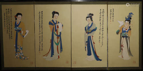 Four Chinese Lady Painting Screens , Zhang Daqian Mark
