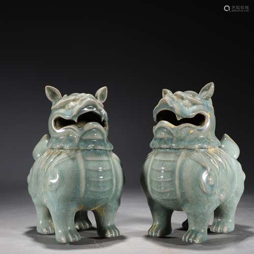 Pair of Longquan Kiln Beast Incense Burners