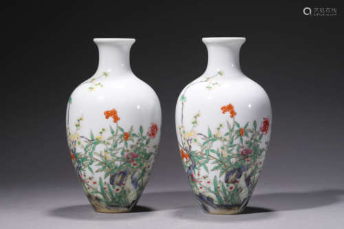 Pair of Famille Rose Flower Vases