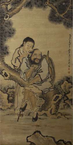 Chinese Figures Painting Scroll, Luo Pin Mark