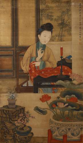Chinese Figure Painting Scroll, Leng Mei Mark
