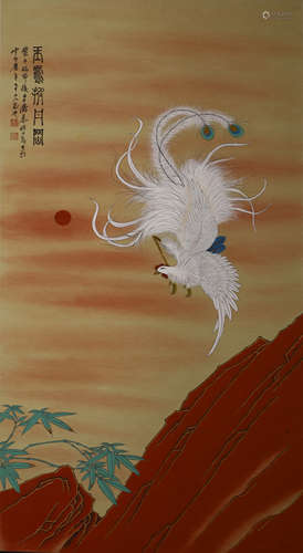 Chinese Bird Painting Scroll, Mu Lingfei Mark