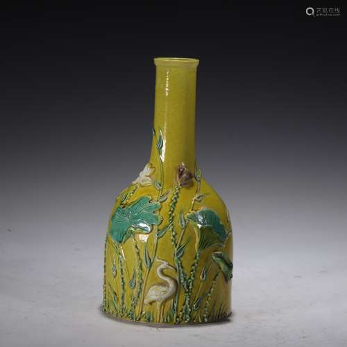 Carved Porcelain Yellow-Ground Flower and Bird Vase