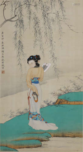 Chinese Figure Silk Painting, Li Qiujun Mark