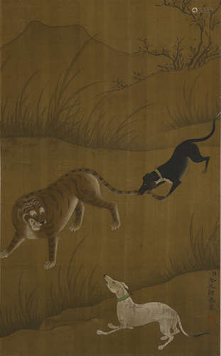 Chinese Hounds Painting Silk Scroll, Jin Tingbiao Mark