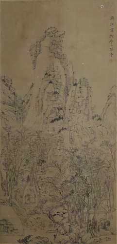 Chinese Landscape Painting Paper Scroll, Jian Jiang Mark