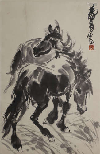 Chinese Horses Painting Paper Scroll, Huang Zhou Mark